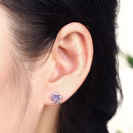 上福欧美气质s925银耳钉女简约瑞丽浪漫紫色锆石水中花耳钻耳环