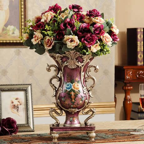 欧式复古花瓶新款手绘双耳插花器客厅玄关电视柜装饰创意树脂摆件