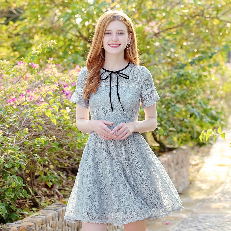 短袖v领荷叶袖蕾丝连衣裙气质淑女a字裙女_推荐淘宝好看的夏季淑女装