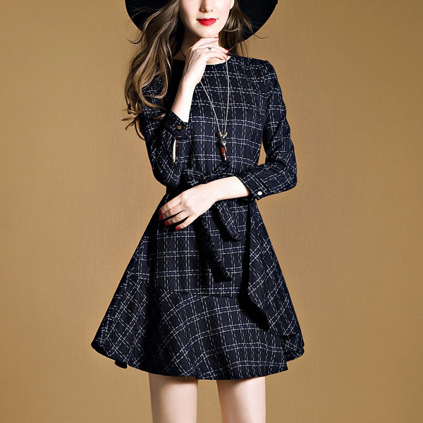 秋装连衣裙 2017秋季新款女装九分袖系带格子连衣裙修身a字裙5819