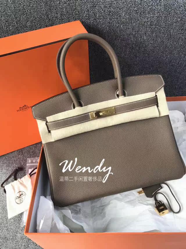爱马仕手提包 hermes爱马仕birkin30铂金包大象灰金扣t刻女士手提包