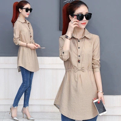 韩版春秋装 中长款衬衫女装长袖2018新款春装韩版上衣服春秋季竖条纹