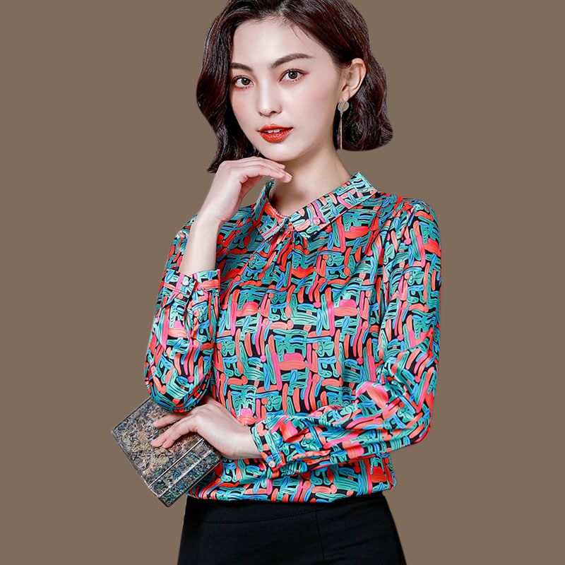 长袖真丝上衣 打底衫真丝上衣女2021春秋新款长袖洋气宽松衬衫遮肚子