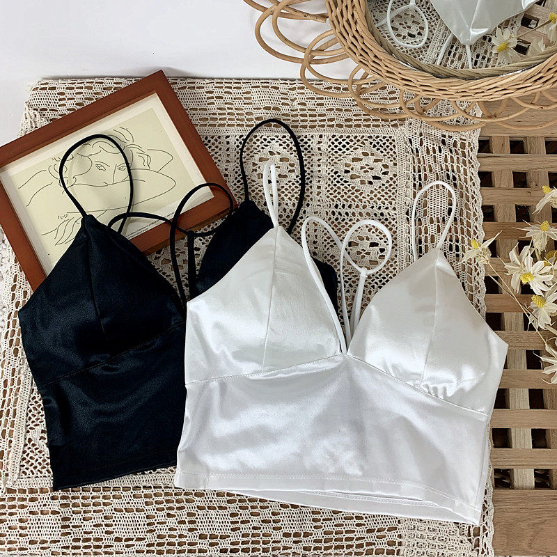 裹胸小背心 网红小心机挂脖绸缎裹胸内衣女v领打底外穿吊带小背心带