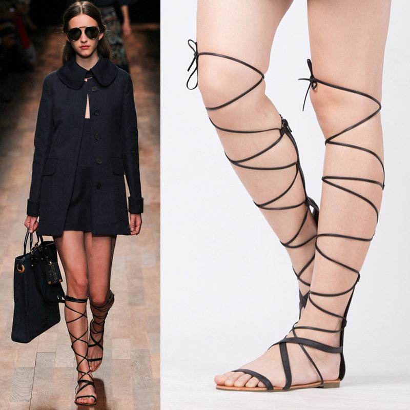 凉鞋 欧美大码交叉绑带沙滩平底时尚高帮凉鞋长筒凉鞋系带露趾罗马