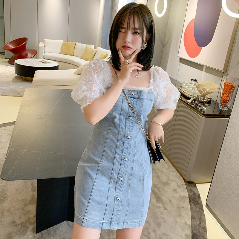 牛仔拼接连衣裙 miuco大码女装方领拼接蕾丝泡泡袖胖妹妹显瘦牛仔
