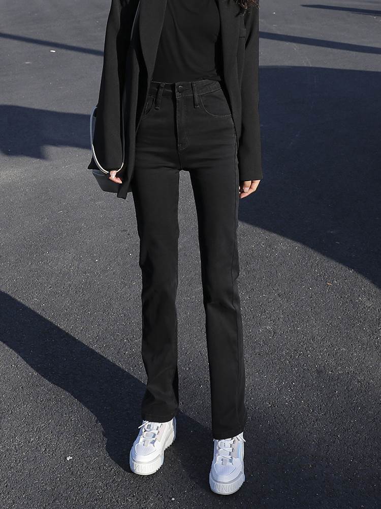 黑色加绒直筒牛仔裤女2022年新款爆款秋冬季高腰显瘦加长烟管裤子