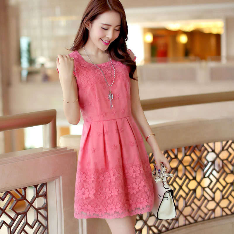 纱绣花蕾丝韩版女装女式短袖雪纺连衣裙夏_推荐淘宝好看的黄色连衣裙