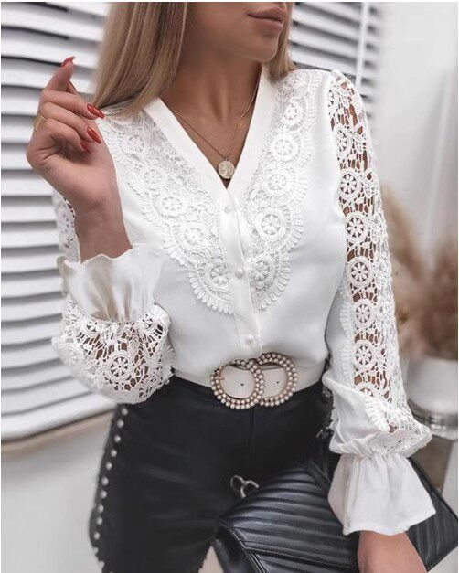 European Station 2023 European and American AliExpress wish hot shirt new solid color lace V-neck cardigan women's shirt
