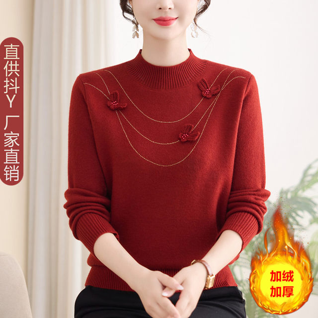Middle-aged mother's winter clothing plus velvet thickened knitted sweater middle-aged and elderly women's loose three-dimensional fashion warm top