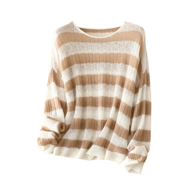 Pleasant Goat Loose Large Size One-Size Collar 100% Cashmere Striped Sweater Slim Needle Hollow Exposed Cladder Bone Slimming and Comfortable