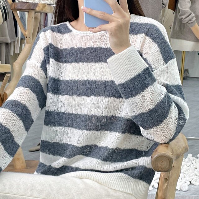 Pleasant Goat Loose Large Size One-Size Collar 100% Cashmere Striped Sweater Slim Needle Hollow Exposed Cladder Bone Slimming and Comfortable
