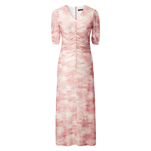 Yanyu ink printing skirt summer women's clothing 2025 new pink mid-length short-sleeved V-neck pleated dress
