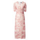 Yanyu ink printing skirt summer women's clothing 2025 new pink mid-length short-sleeved V-neck pleated dress