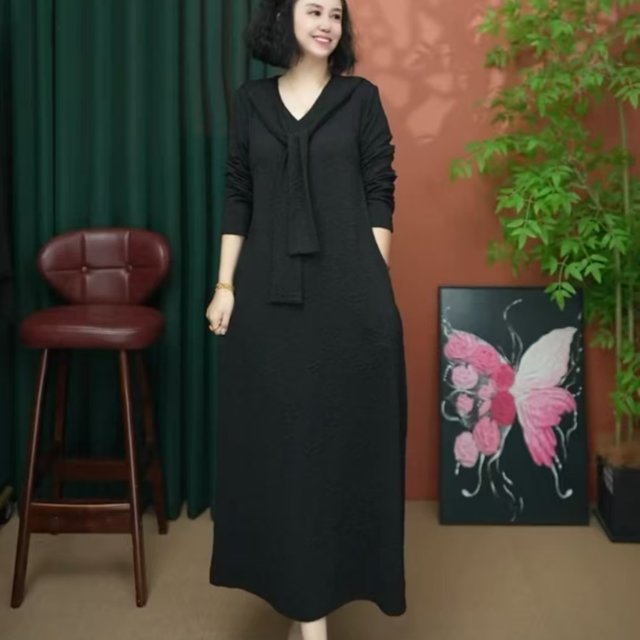Mom's autumn new fashionable streamer long-sleeved dress spring and autumn style versatile temperament age-reducing mid-length skirt