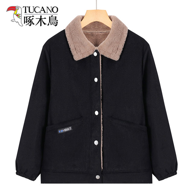 Woodpecker 2025 new winter cotton jacket large size mother jacket plus velvet thickened middle-aged and elderly cotton jacket top