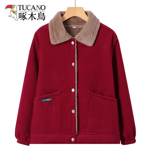 Woodpecker 2025 new winter cotton jacket large size mother jacket plus velvet thickened middle-aged and elderly cotton jacket top