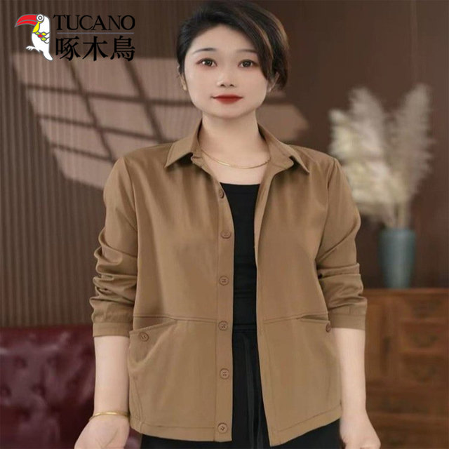 Woodpecker 2025 Spring and Autumn New Mom Clothing Reducing Age-Green Middle-aged and Elderly Elegant Long Sleeve Lapel Jacket Top