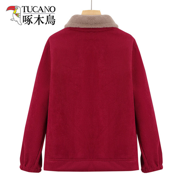 Woodpecker 2025 new winter cotton jacket large size mother jacket plus velvet thickened middle-aged and elderly cotton jacket top