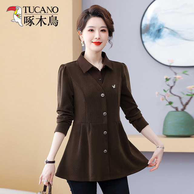 Woodpecker middle-aged and elderly women's mother's clothing long-sleeved splicing fake two-piece age-reducing large size flesh-covering middle-aged shirt top