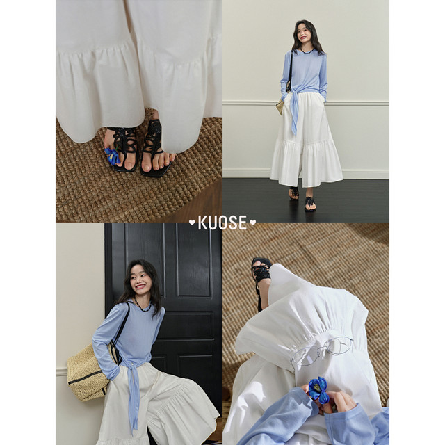 Wide color khaki A-line skirt pants wide-leg pants for women 2025 summer new ruffled nine-point casual pants