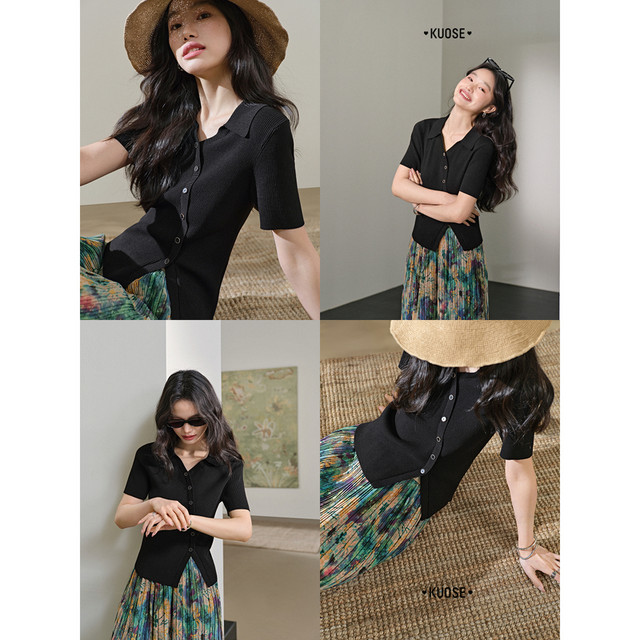 Broad color blue spliced ​​polo collar sweater 2025 summer new style slim body style T-shirt