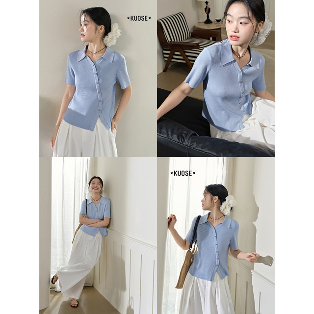 Broad color blue spliced ​​polo collar sweater 2025 summer new style slim body style T-shirt