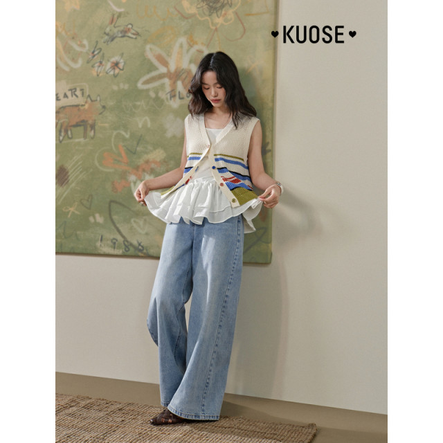 Wide colored striped wool knitted vest women's clothing 2025 spring and summer new sleeveless hollow V-neck top