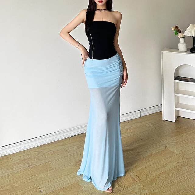 European and American 2024 summer new women's hot girl pure desire, high -waist mesh skirt temperament versatile fishtail long skirt
