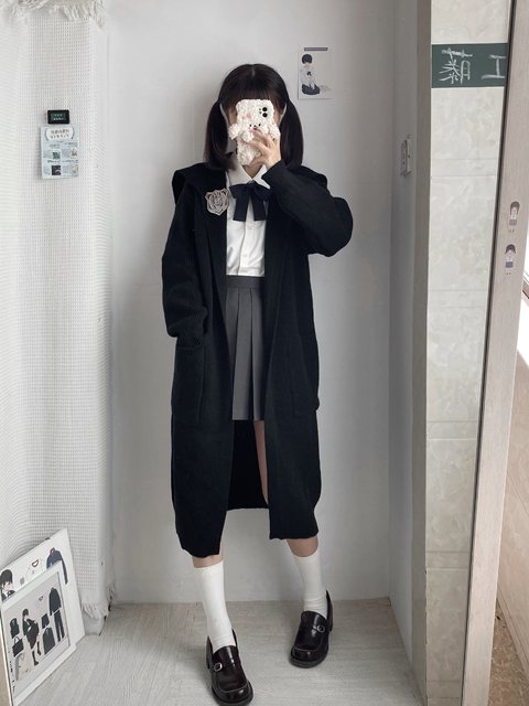 Original badge navy collar sweater cardigan autumn and winter large lapel mid-length knitted jacket for women
