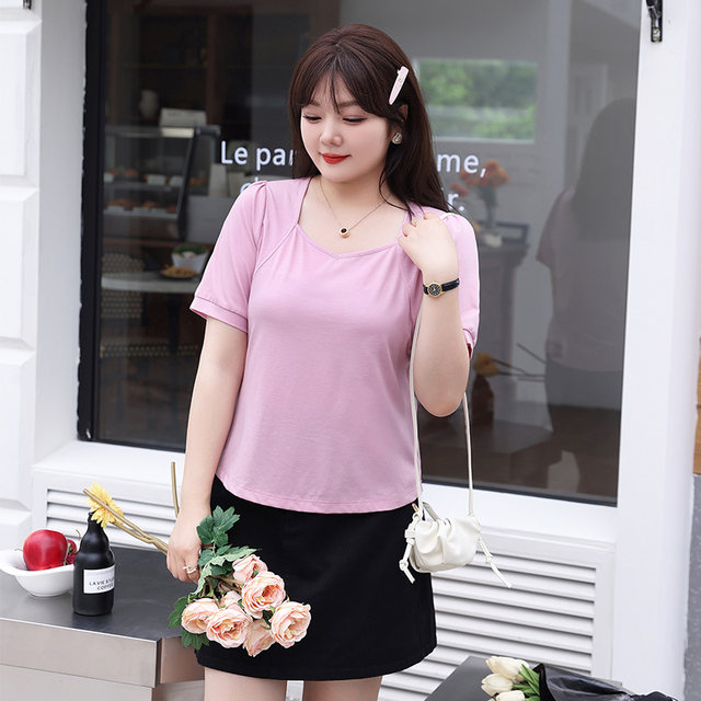 2023 new summer women's large size slimming and fat MM square neck short-sleeved T-shirt tops to cover the belly, casual and versatile