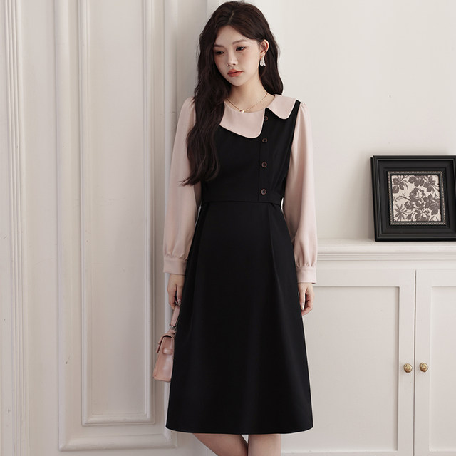 Qisu large size women's autumn new French temperament doll collar to make you look slim and fat MM long-sleeved fake two-piece dress