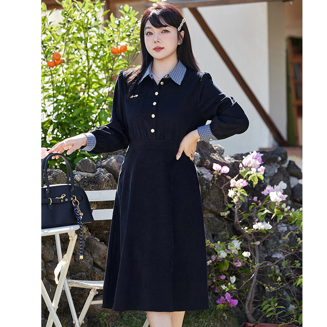 Qiyi winter dress new large size fat sister shows thin dress long plaid shirt collapsed waist grinding hair A -line skirt