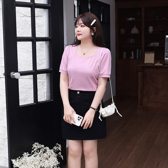 2023 new summer women's large size slimming and fat MM square neck short-sleeved T-shirt tops to cover the belly, casual and versatile