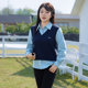 Qisao plus size pullover top for women 2025 spring new fat mm fake two-piece spliced ​​vest contrasting color long-sleeved shirt