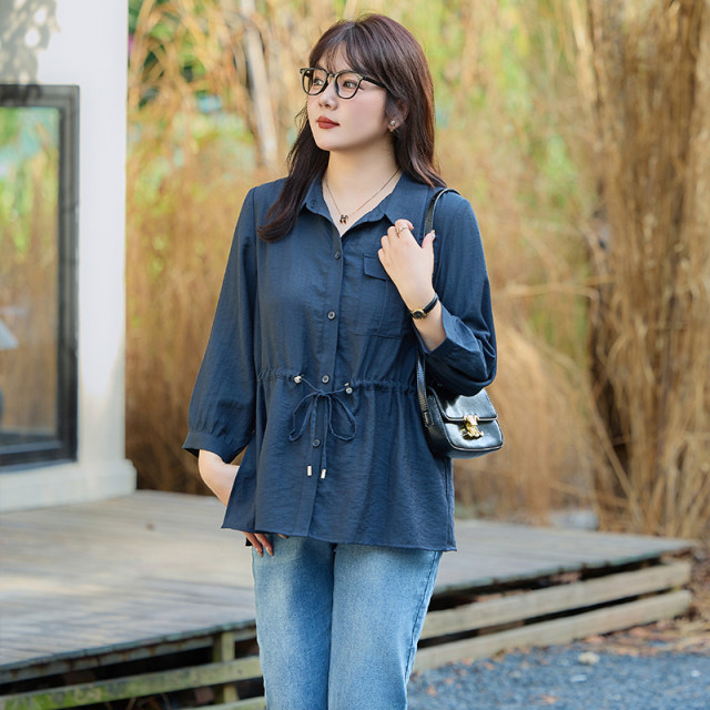 Large -size women's long -sleeved shirt autumn new polo collar seven -point sleeve waist thin and thin fat mm cardigan women's top

