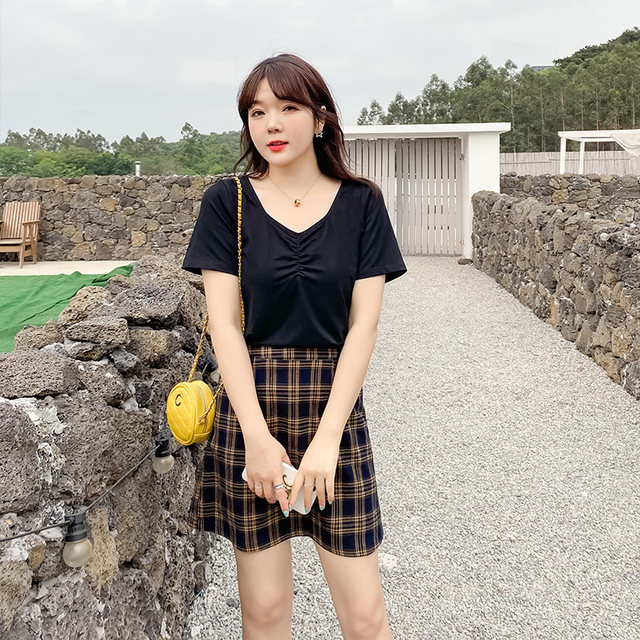 Large -size plaid skirt 2023 summer new Korean version high waist, thin and thin mm retro A -line skirt skirt
