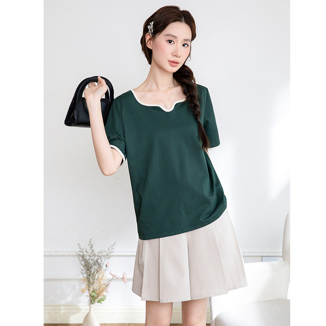 Qisu large size women's clothing 2025 summer new V-neck straight shoulder stretch fat girl versatile short-sleeved top for women T-shirt
