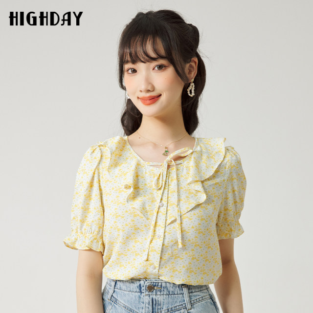Highday Xuanri 2024 summer new printed ruffle puff sleeve shirt for women sweet short sleeve lace-up shirt