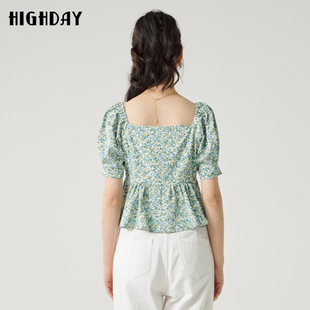 Highday Xuanri 2024 summer new square collar bow tie top for women short-sleeved retro floral shirt