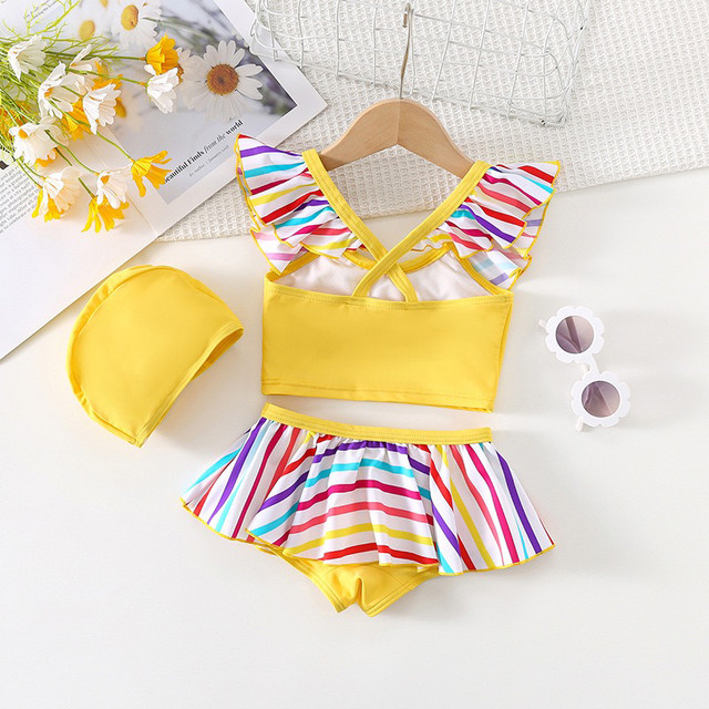 Girls split swimsuit dress style bikini fashion rainbow striped lace back strap seaside vacation swimsuit