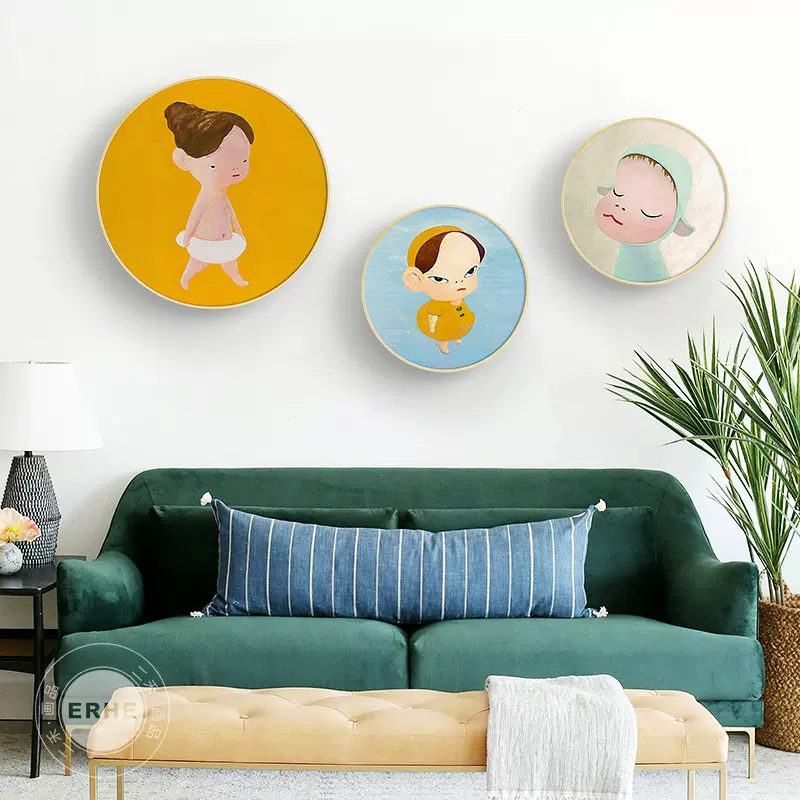 奈良美智北欧文艺小众儿童房装饰画梦游娃娃可爱卡通圆形