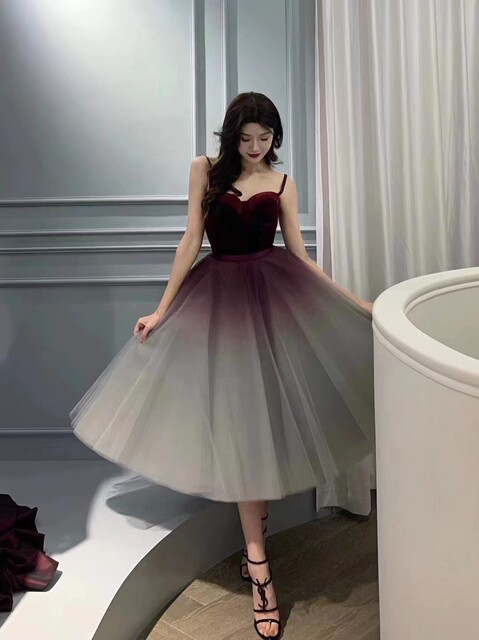 Thai trend brand niche design burgundy gradient A-line high waist large sway puff mesh skirt princess skirt