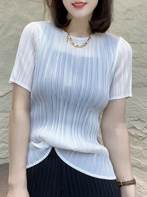 Foreign trade brand clearance Miyake press-pleated short-sleeved women's thin elastic round neck versatile slim fit pleated T-shirt