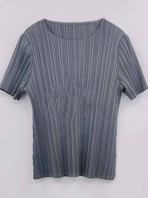 Foreign trade brand clearance Miyake press-pleated short-sleeved women's thin elastic round neck versatile slim fit pleated T-shirt