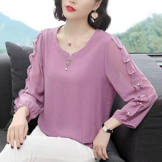 Korean large-size loose chiffon shirt for women 2024 spring and summer new style 7-quarter sleeve fashionable V-neck T-shirt ruffled lace shirt
