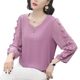 Korean large-size loose chiffon shirt for women 2024 spring and summer new style 7-quarter sleeve fashionable V-neck T-shirt ruffled lace shirt
