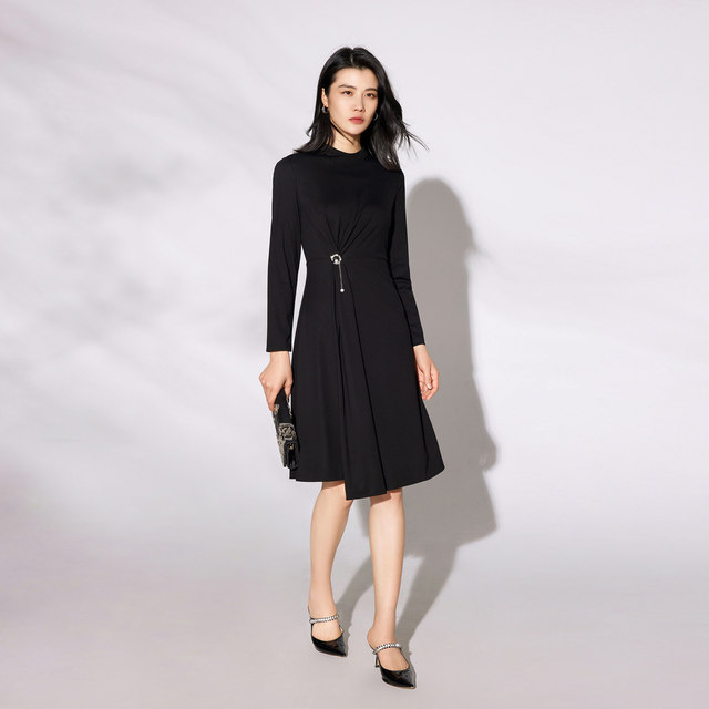 BBLLUUEE pink blue wardrobe stand collar elegant pleated dress women 2024 early spring new ol waist knitted skirt