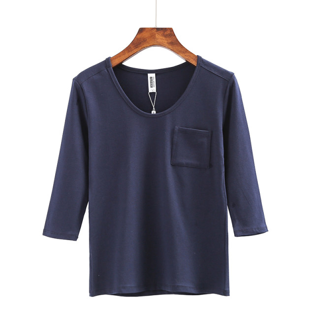Spring and autumn new Korean version of the round collar slim mid -sleeved pocket decoration seven -point sleeve pure white pure color simplicity T -shirt
