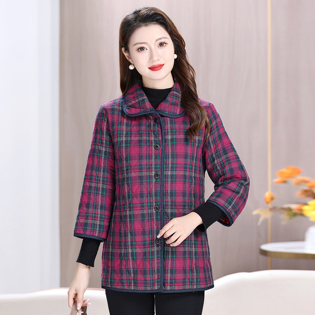 Inner cotton cotton seven -point sleeve vest, middle -aged and elderly girl autumn and winter new lapel checkered cotton jackets, mother thick cotton clothes